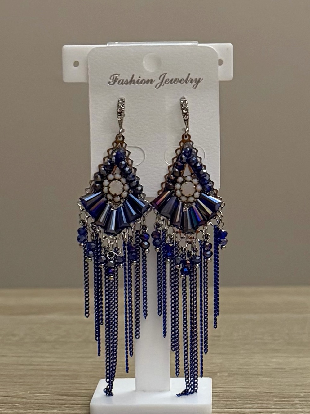 Blue Crystal Tassel Statement Earrings